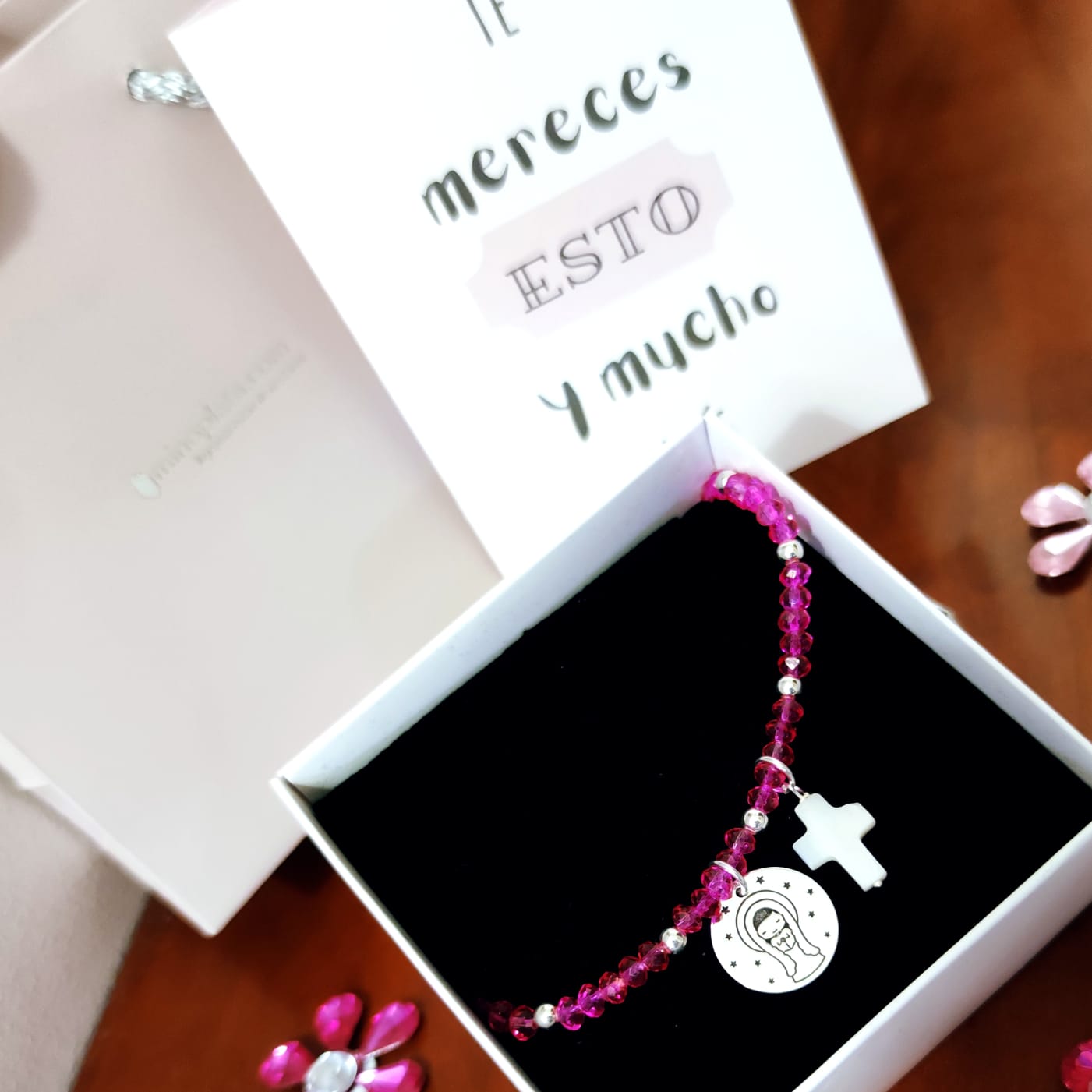 Pulsera para niña de Comunión con piedra color cruz y medalla 2